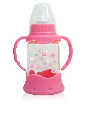 贝婴奇120m防爆感温标口晶钻玻璃奶瓶-粉色