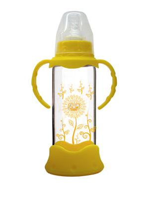 贝婴奇240ml防爆感温标口晶钻玻璃奶瓶黄色